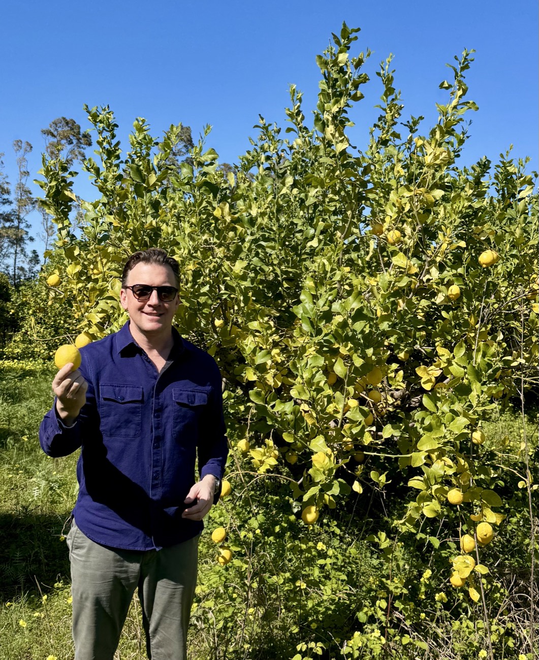Christopher Sorensen holding a lemon in a lemon grove